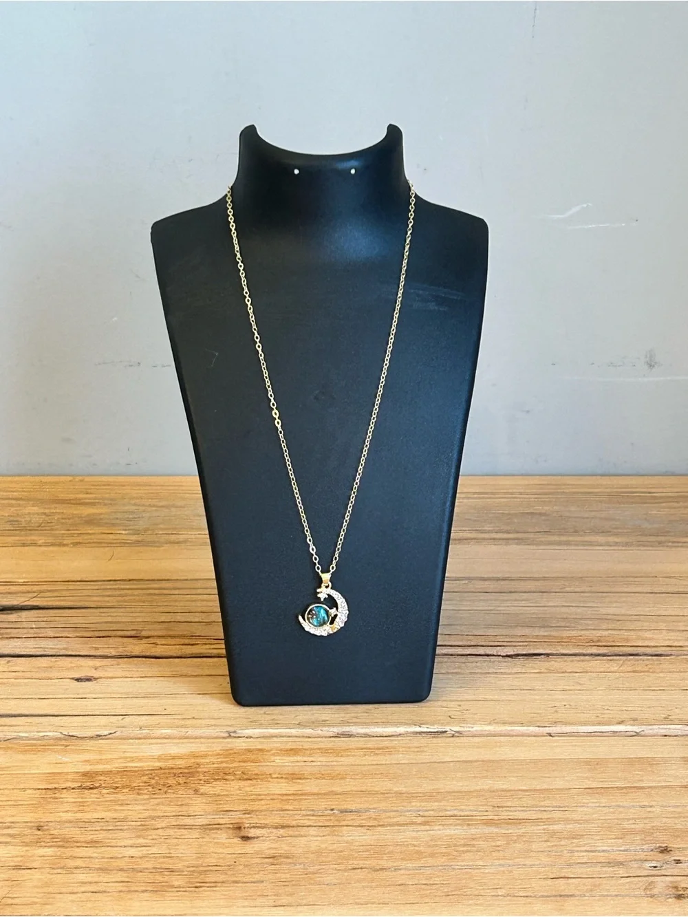Gold-Plated Crescent Moon & Blue Opal Pendant Necklace - Women Jewelry